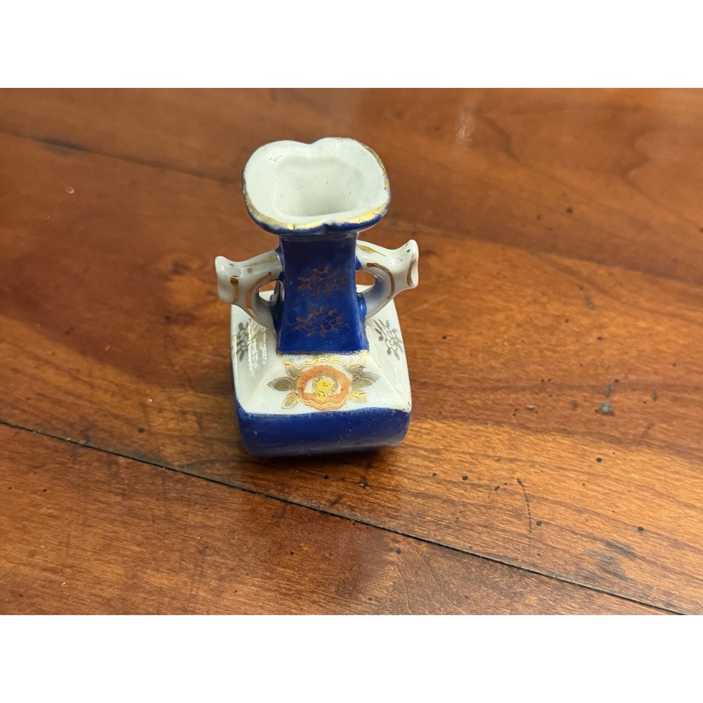 Vintage Japanese Miniature Cobalt Blue Porcelain Urn Vase Gold Gilt Floral